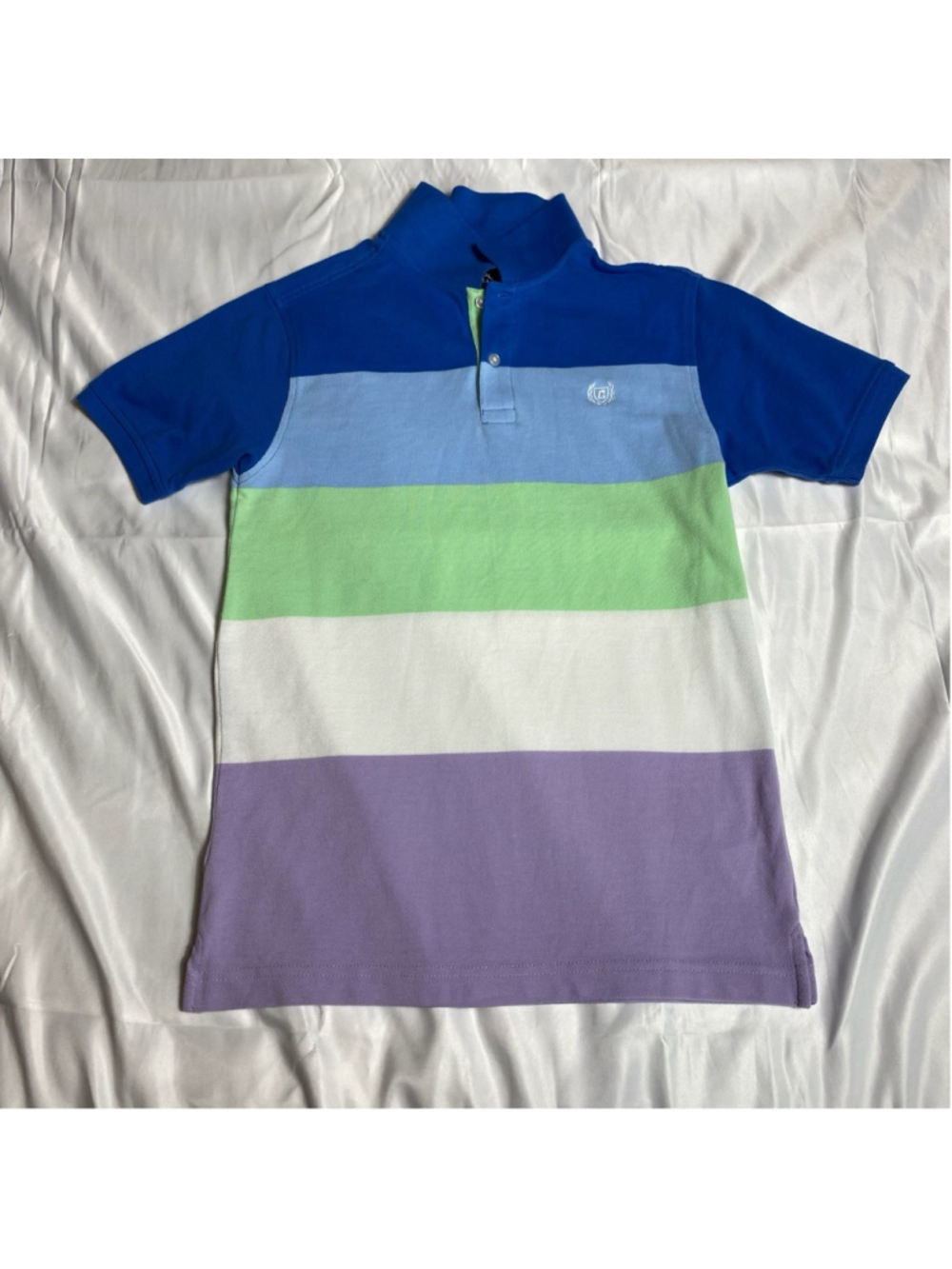 Boys Chaps Polo Shirt L 14/16 Blue Purple Green White Striped